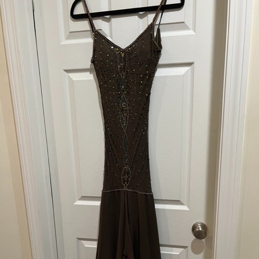 Olive Green Beaded Sue Wong Gown
